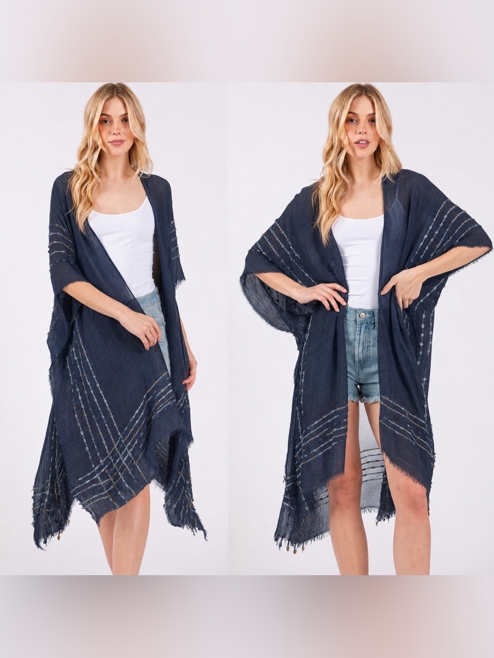 Navy Blue Boho Fringe Stitch Design Open Duster Kimono Cover-Up Shawl Wrap - Picture 3 of 3